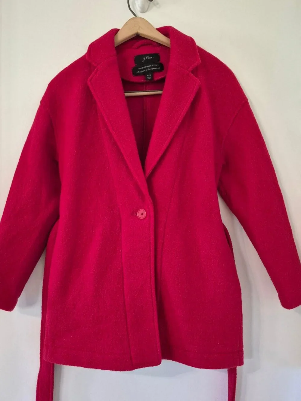 J Crew Italian Boiled Wool Coat Women XXS Red Belt Mid Length Old Money Mob Wife - Picture 1 of 7